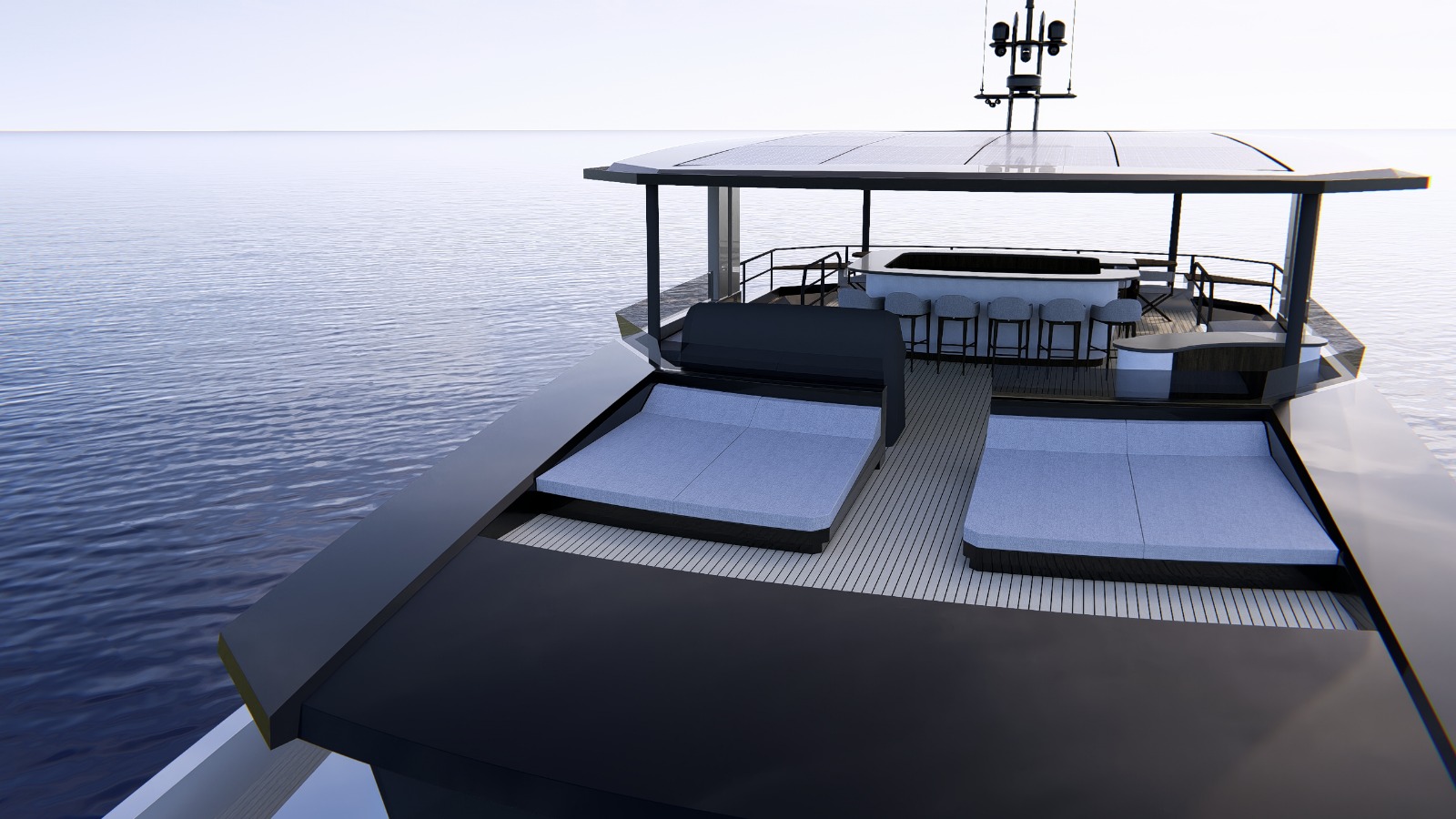 Flybridge sun pads and shaded upper deck looking forward