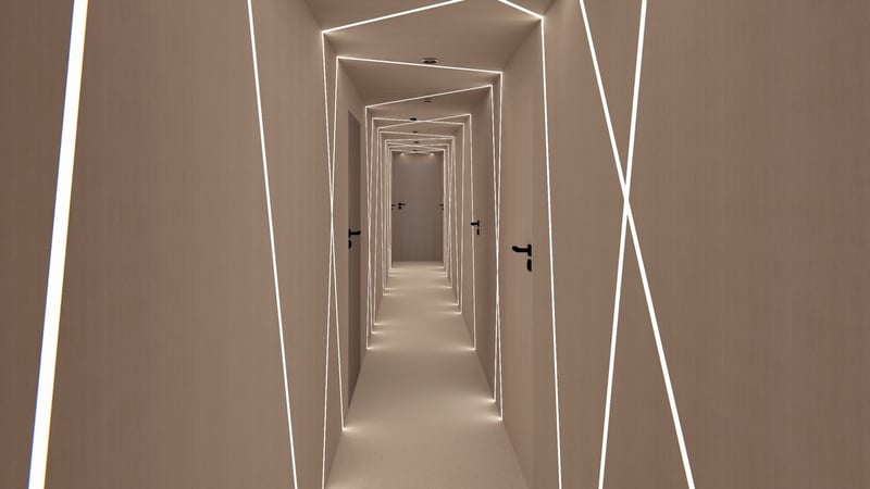 Interior hallway with illuminated wall details