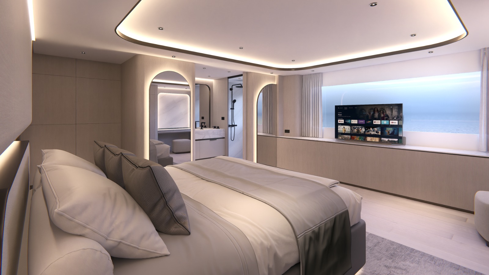 Owner's suite with full beam bed and sea view windows