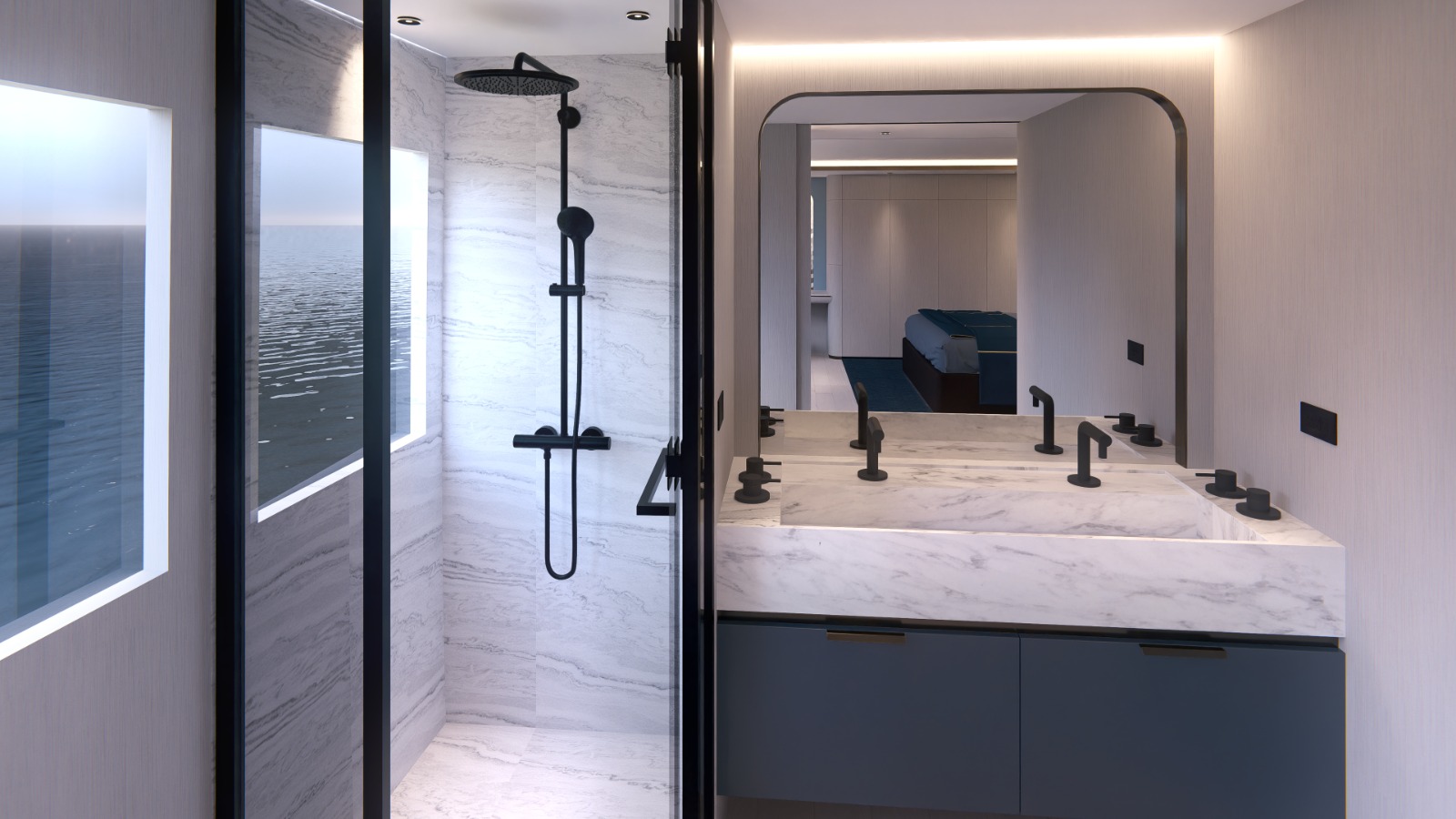 Owner's bathroom with double marble vanity and rain shower