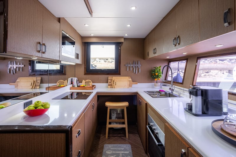 Galley with stone counters, induction hob and a breakfast stool.