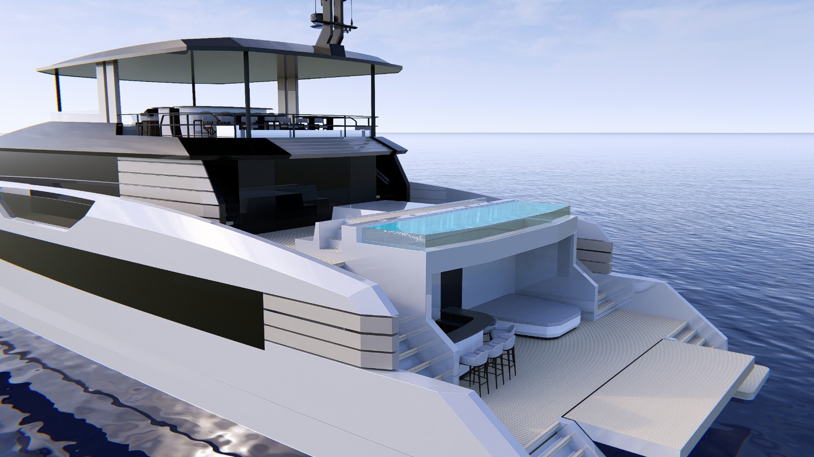 Aft quarter view with the integrated pool and swim platform