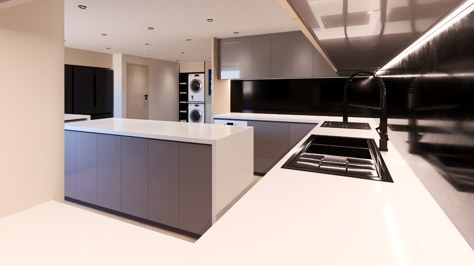 Galley with island, induction hob and full height storage