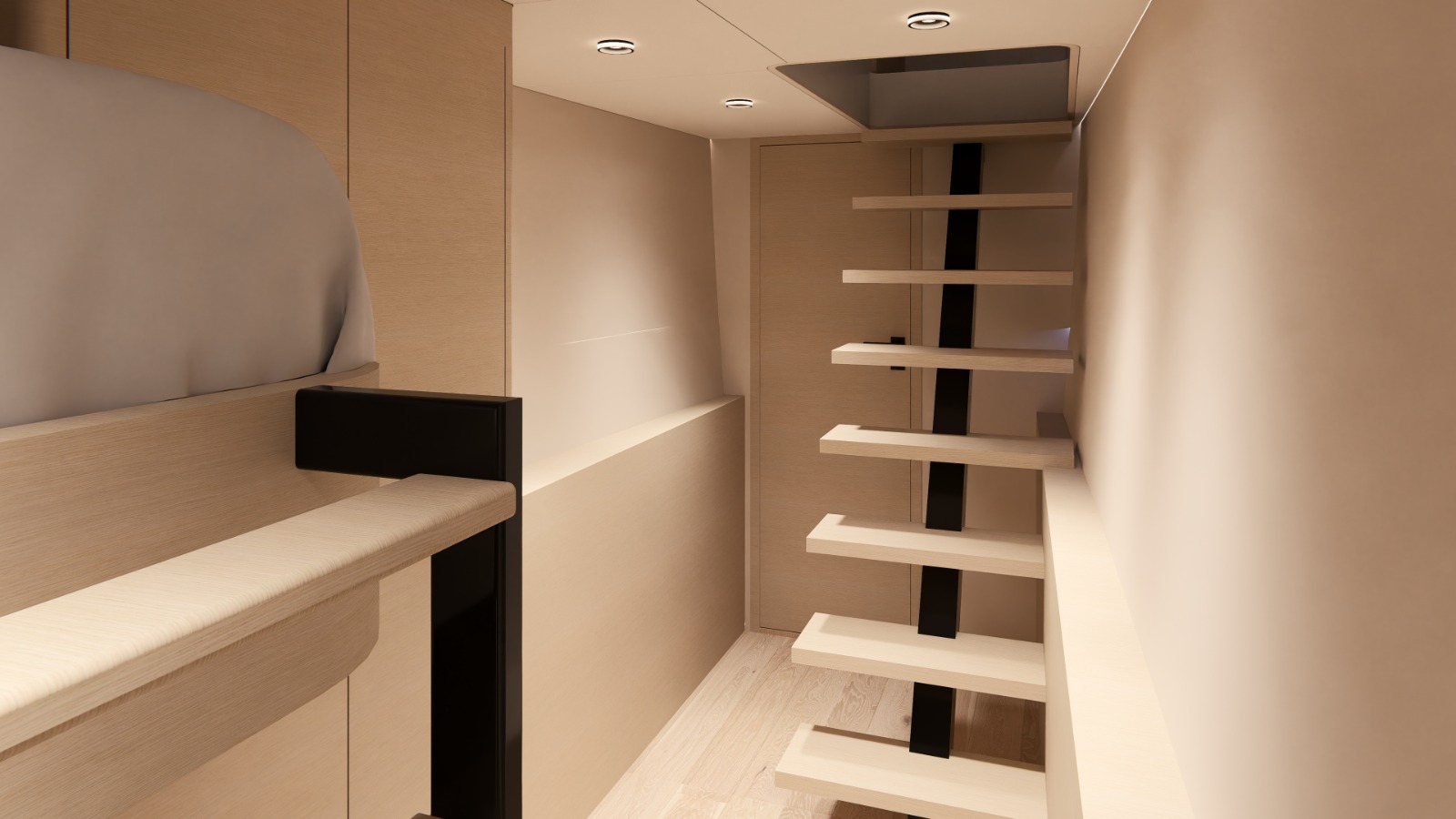 Crew cabin with desk and stair access