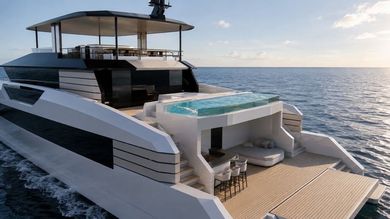 Aft quarter view with the pool deck and shaded flybridge