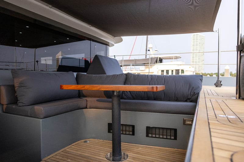 Shaded aft cockpit with wraparound seating for the whole group.