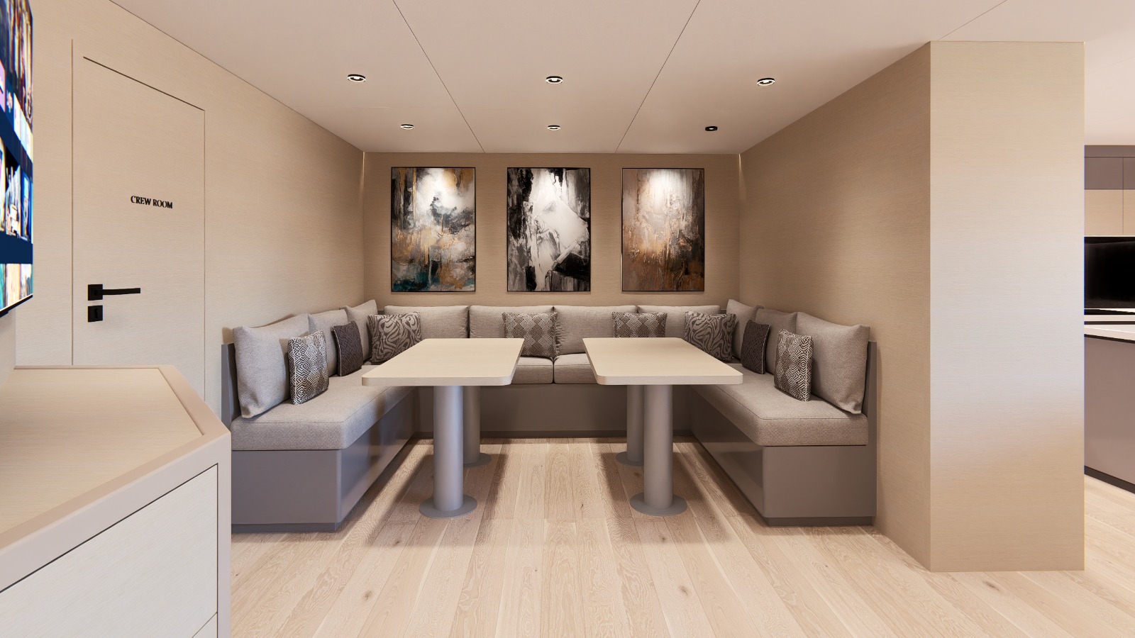 Crew mess with banquette seating for the full crew