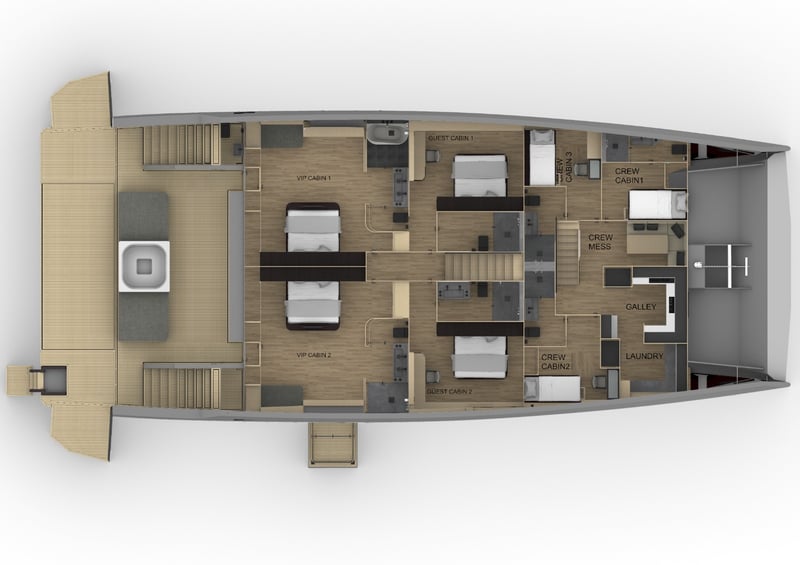 General Arrangement: lower deck cabins and crew area