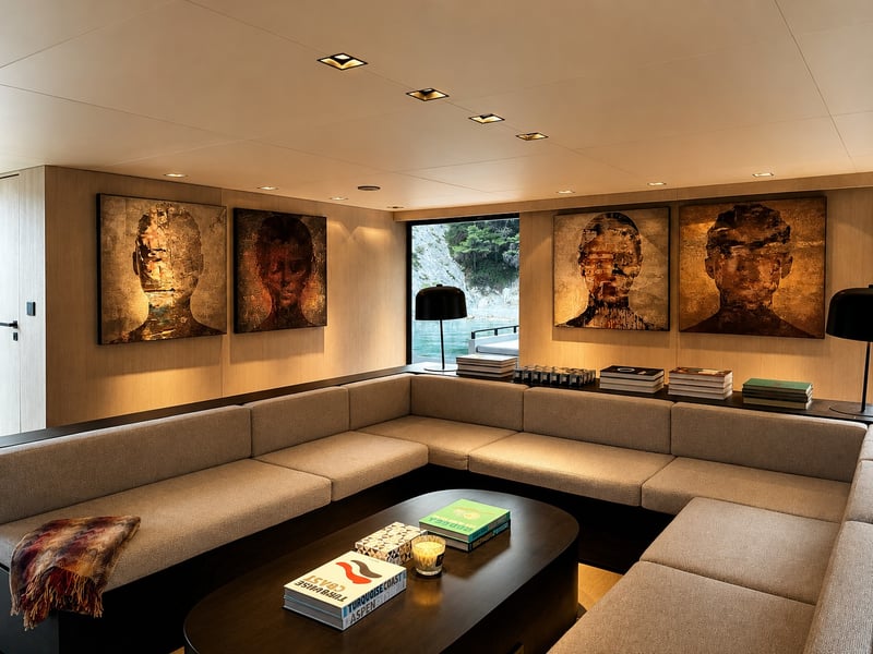Main salon lounge with wraparound sofa and gallery lighting