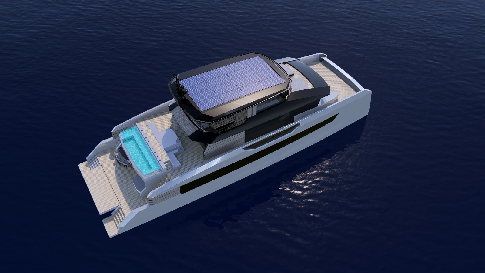 Aerial view of the Independence 110 showing the solar deck and aft pool