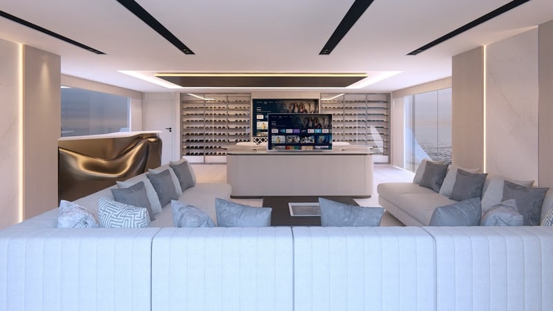 Salon seating facing the media wall