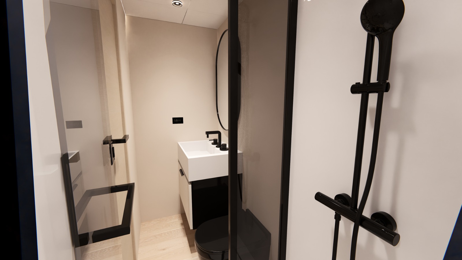 Crew head with shower and compact vanity