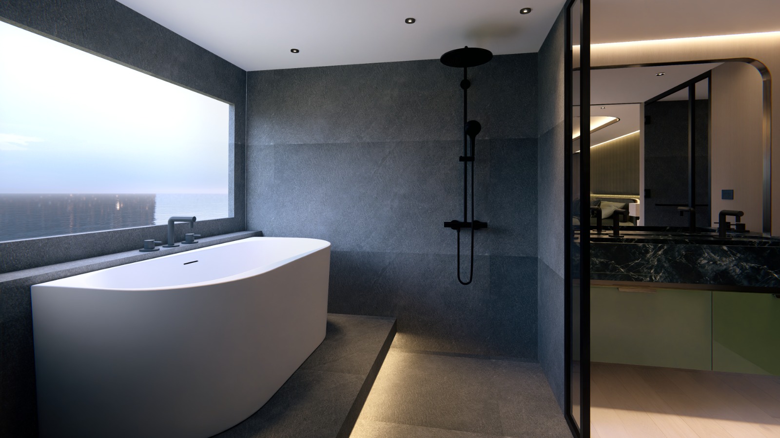 Guest bathroom with freestanding tub and walk in shower