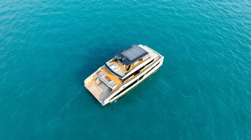 Aerial view of the teak decks, flybridge jacuzzi and stern terrace