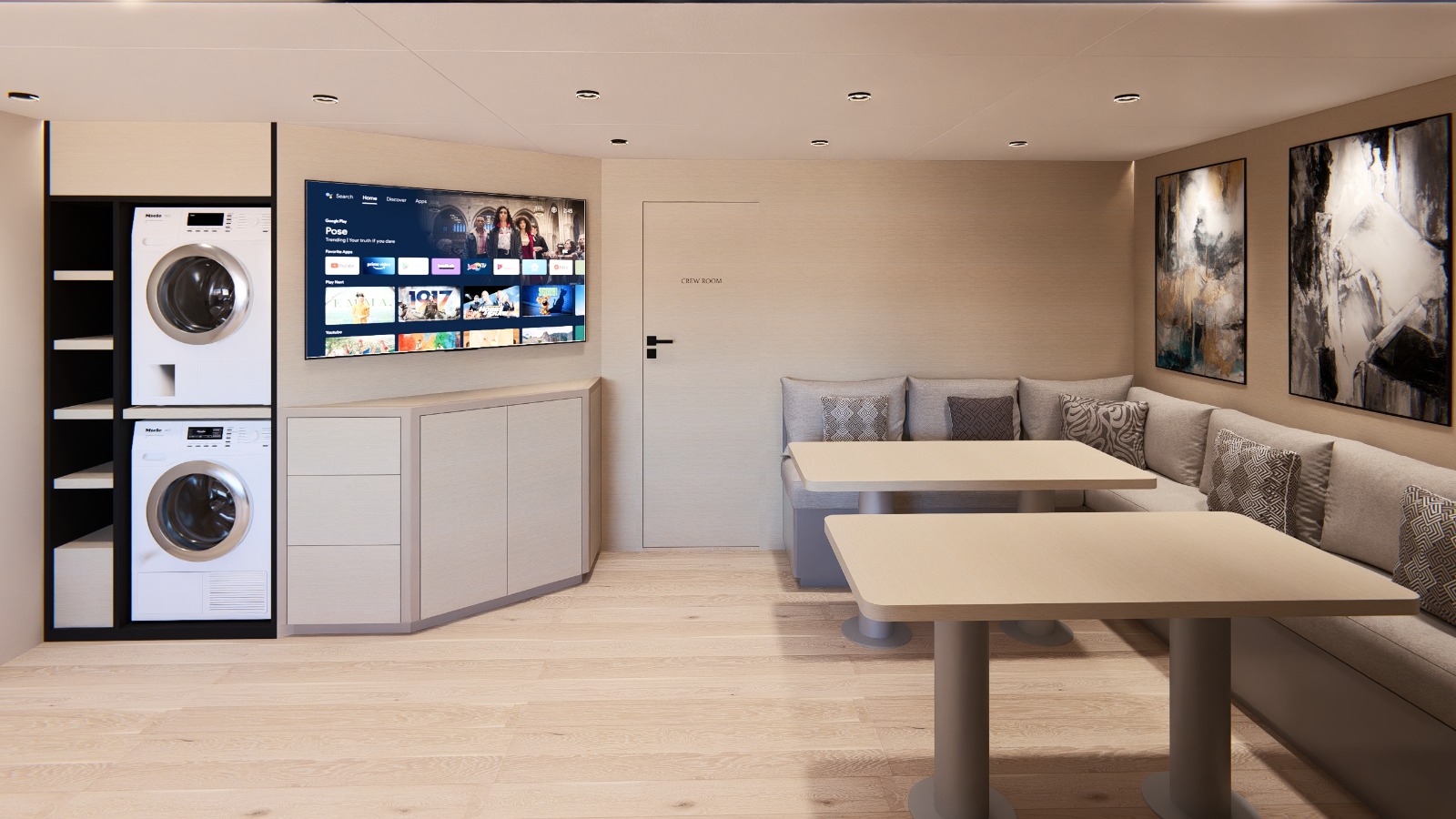Crew mess seating, screen and utility storage