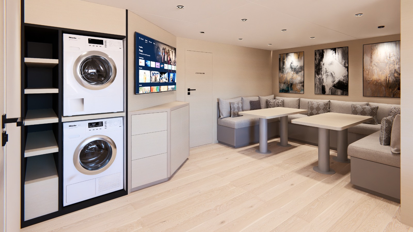 Crew mess with laundry and dryer stack
