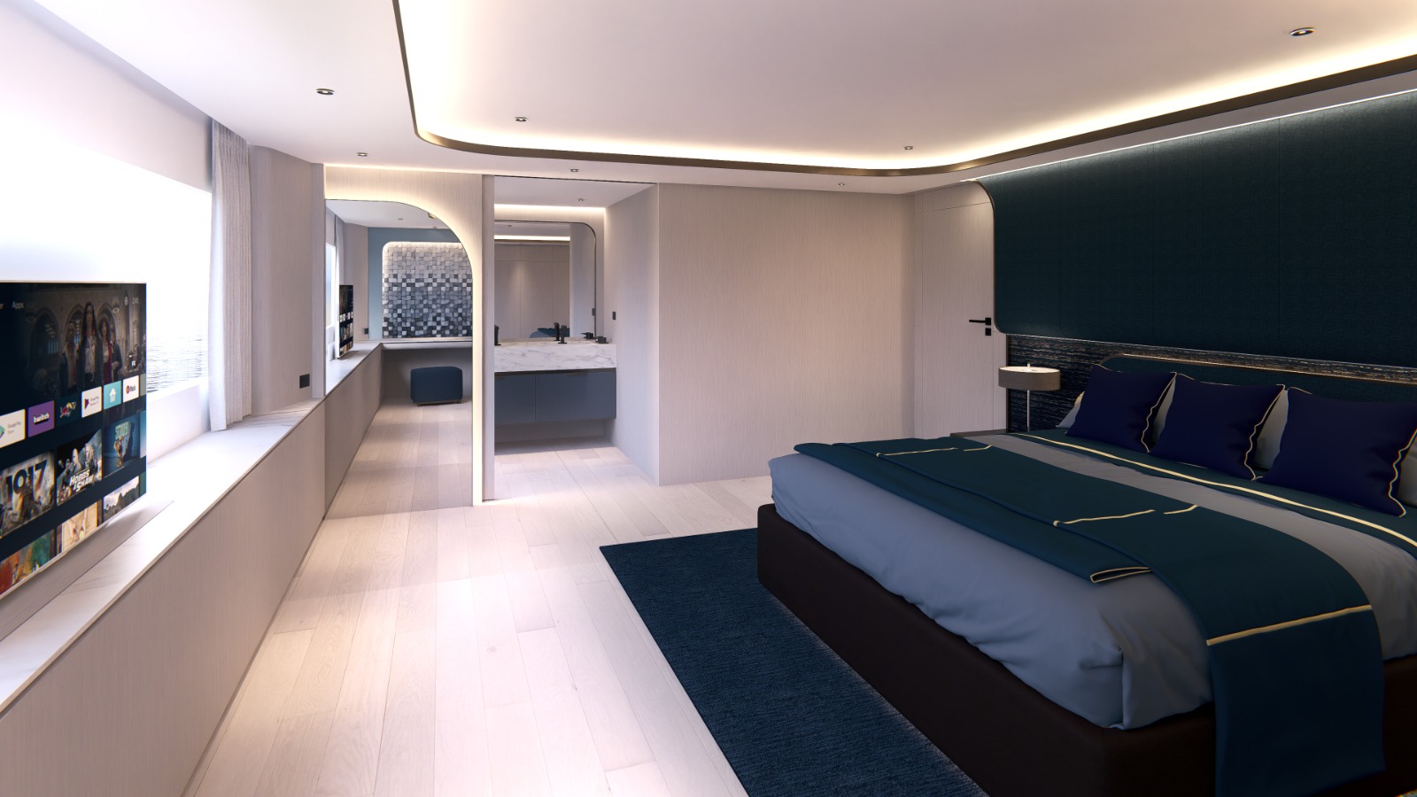 VIP cabin with wall mounted screen and ensuite access