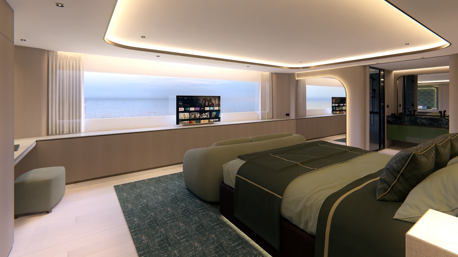 Guest cabin with hull window and lounge seating
