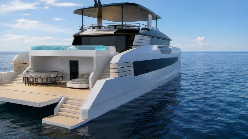 Stern view with the integrated pool, bar and swim platform