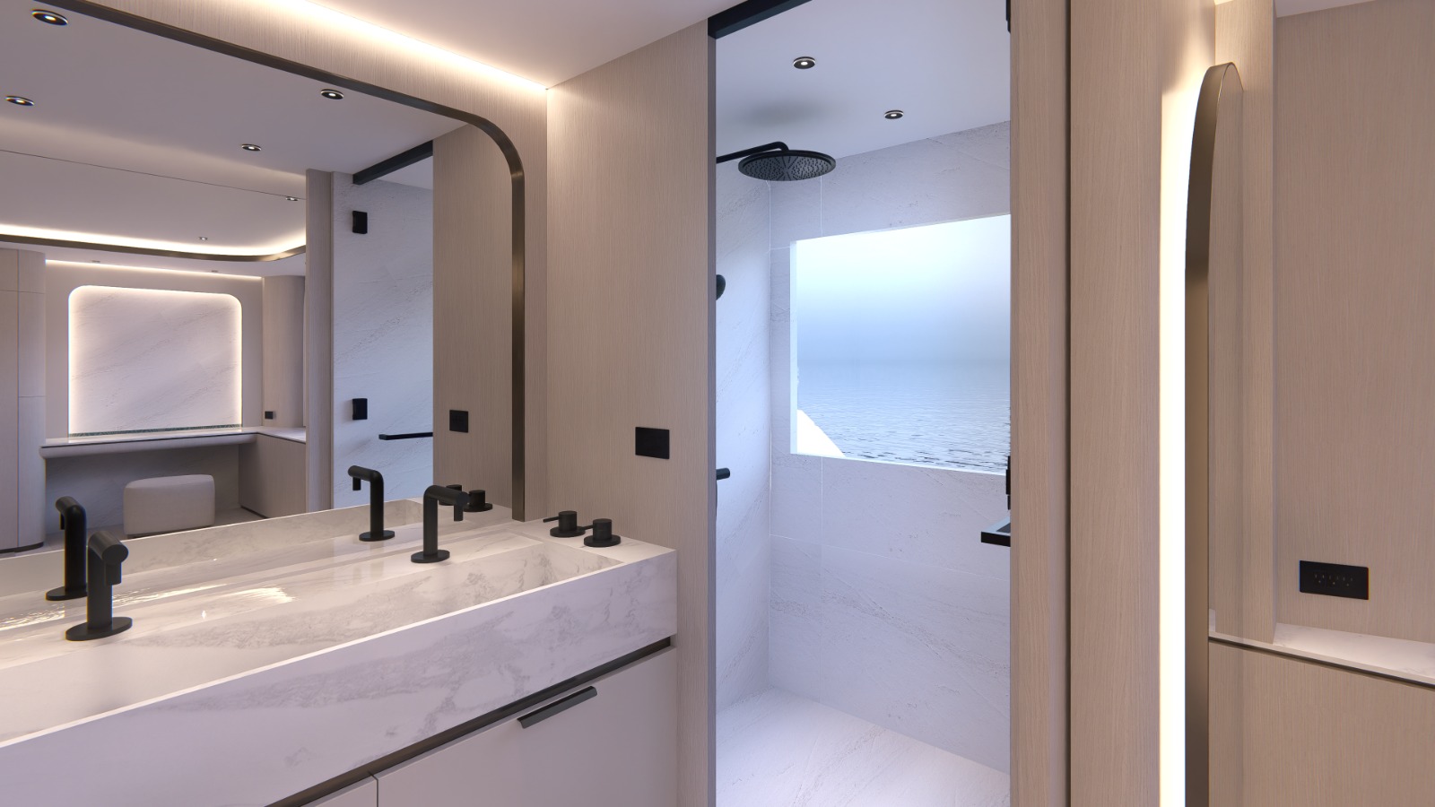 Owner's bathroom shower with a sea level window