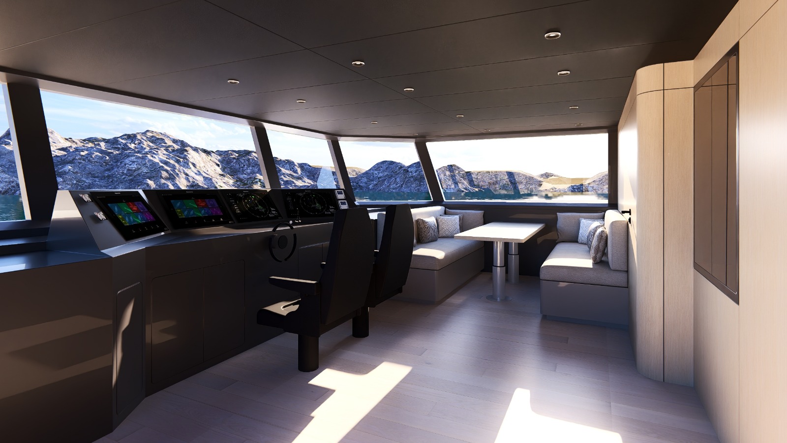 Wheelhouse helm station with panoramic forward glazing