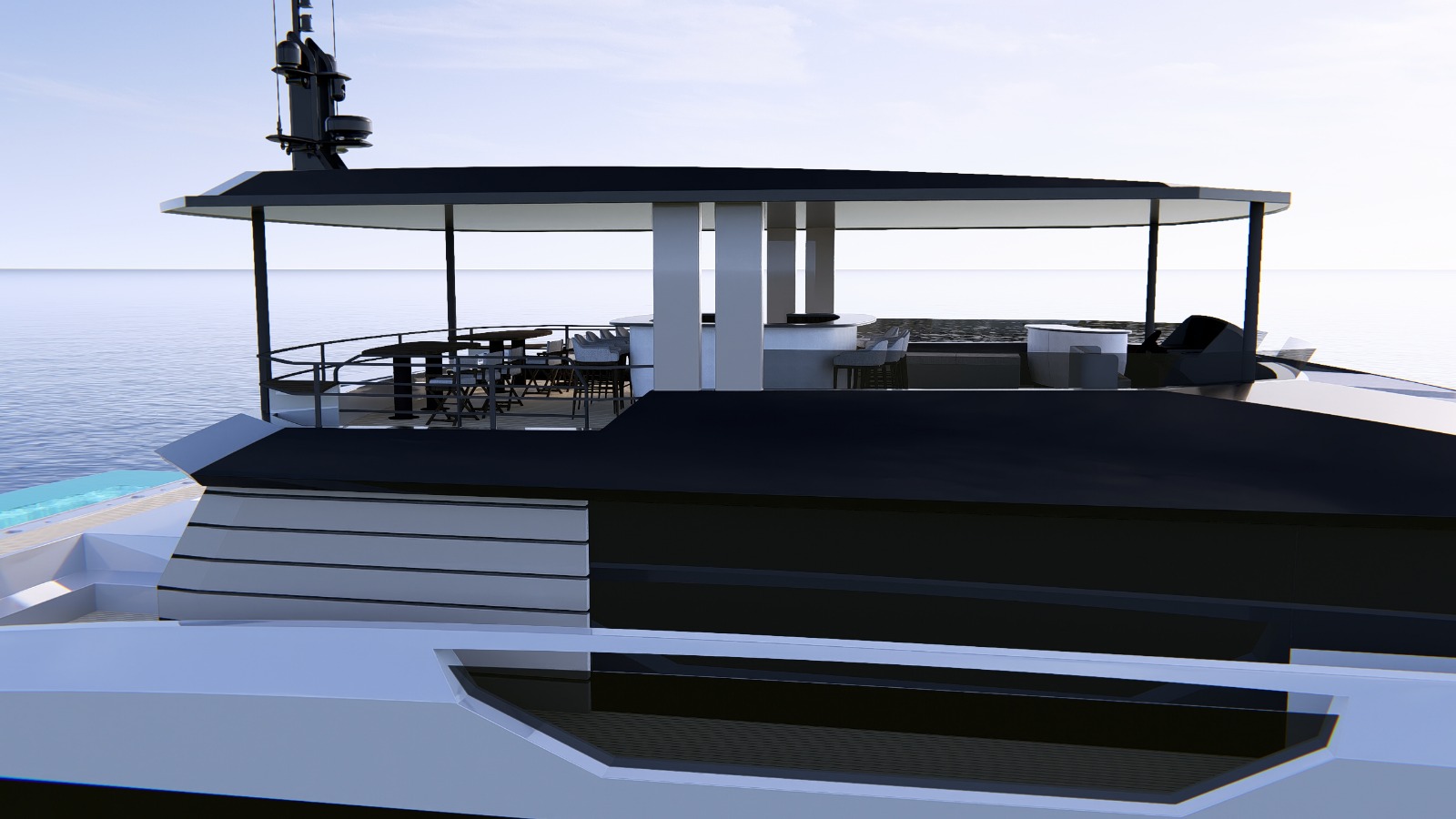 Aft entertainment deck and pool seen from the water
