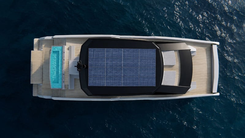 Overhead view of the Independence 110 showing the solar roof and aft pool